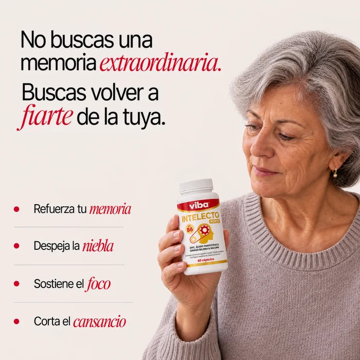 Mujer mayor sosteniendo viba Intelecto Forte, con los beneficios de memoria, claridad, foco y energía separados a la izquierda