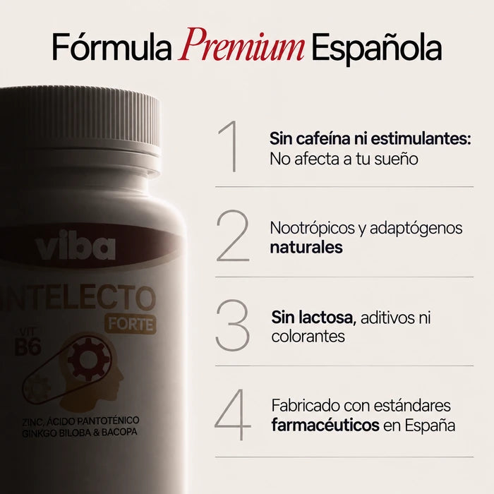 Fórmula premium española: sin cafeína ni estimulantes, nootrópicos y adaptógenos naturales, sin lactosa ni colorantes, fabricada en España