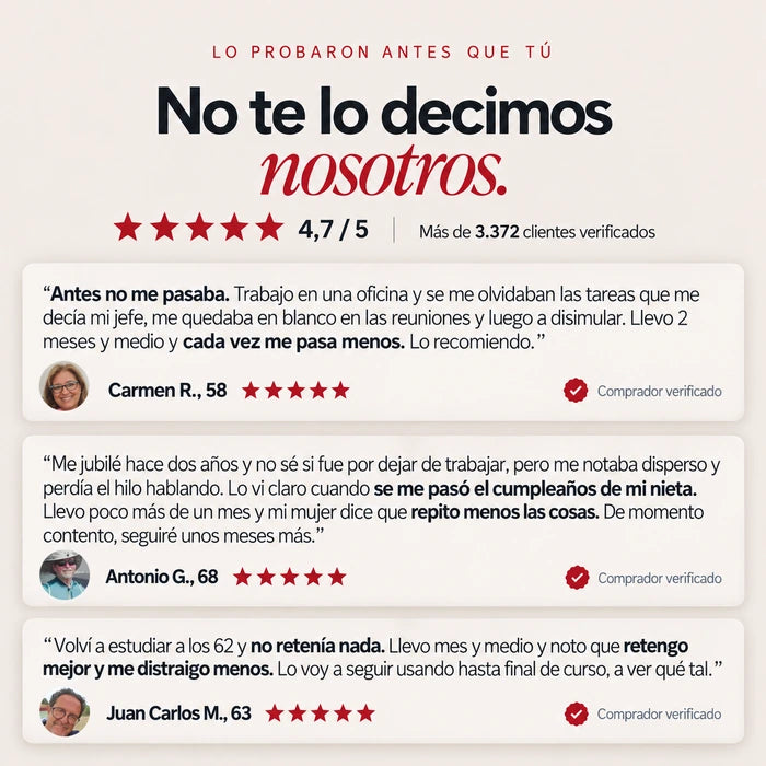 Lo que dicen quienes ya lo han probado: Carmen R. de 58 años, Antonio G. de 68 y Juan Carlos M. de 63
